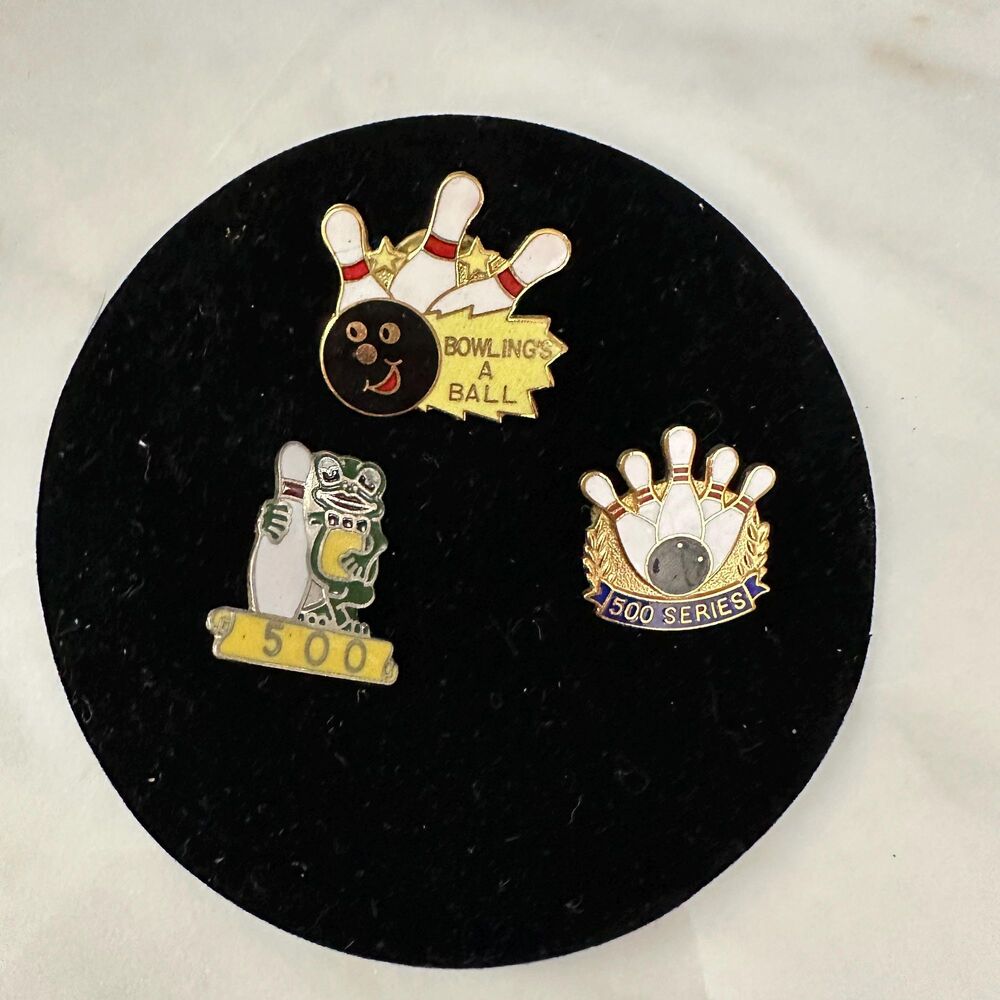 3 Vintage Bowling Enamel Lapel Pins Bowlings A Ball, Frog w Pins, 500 Series